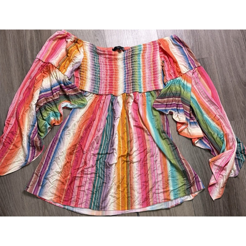 Sky Brand Smocked Flowy Top Boho Babydoll Vibrant Size L Festival Striped Y2K